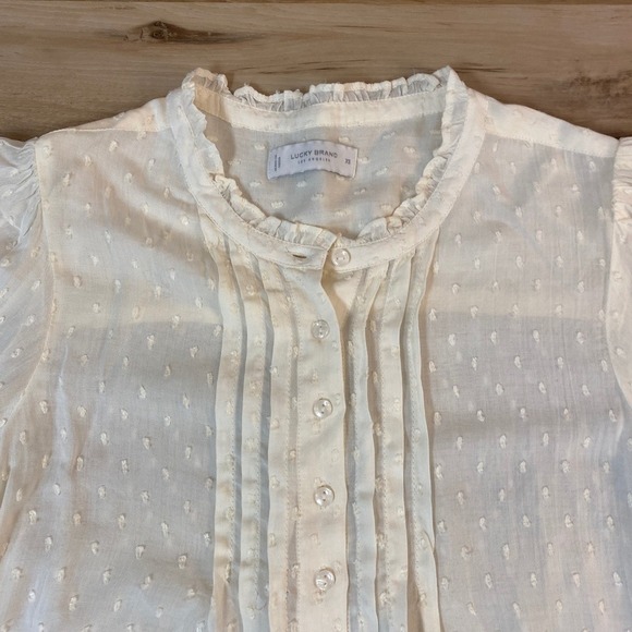 Lucky Brand Women's Swiss Dot Blouse Ruffled Collar Long Sleeve Top XS - Picture 2 of 9